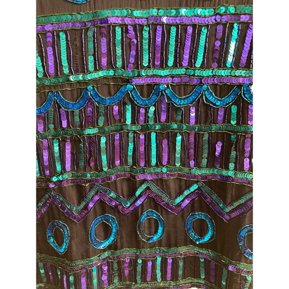 Vintage Laurence Kazar Sequined Silk Top Black Blue Green Short Sleeve Petite Me - Picture 8 of 10